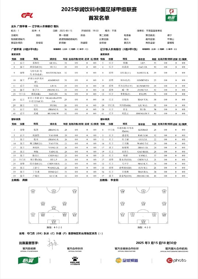 中甲-廣西平果vs遼寧鐵人首發(fā)：三外援對(duì)決三外援，安以恩出戰(zhàn)