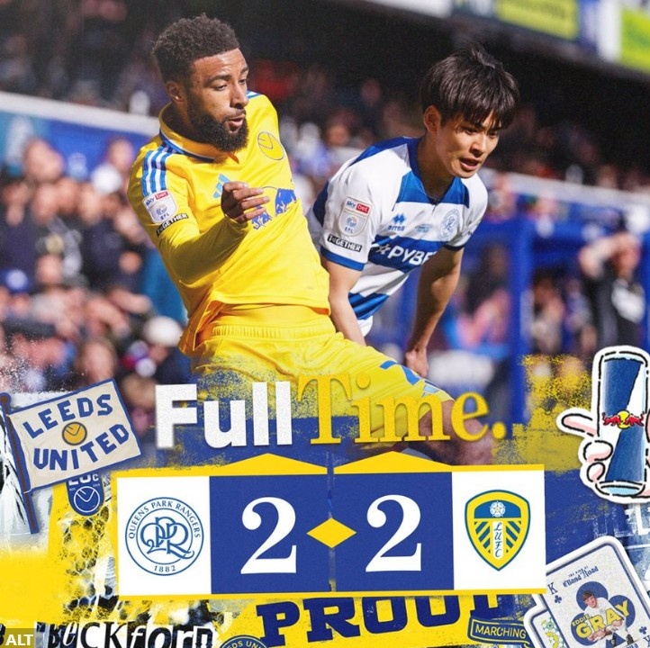 英冠榜首利茲聯(lián)連追兩球2-2戰(zhàn)平QPR，近4輪僅1勝領(lǐng)先優(yōu)勢(shì)縮小