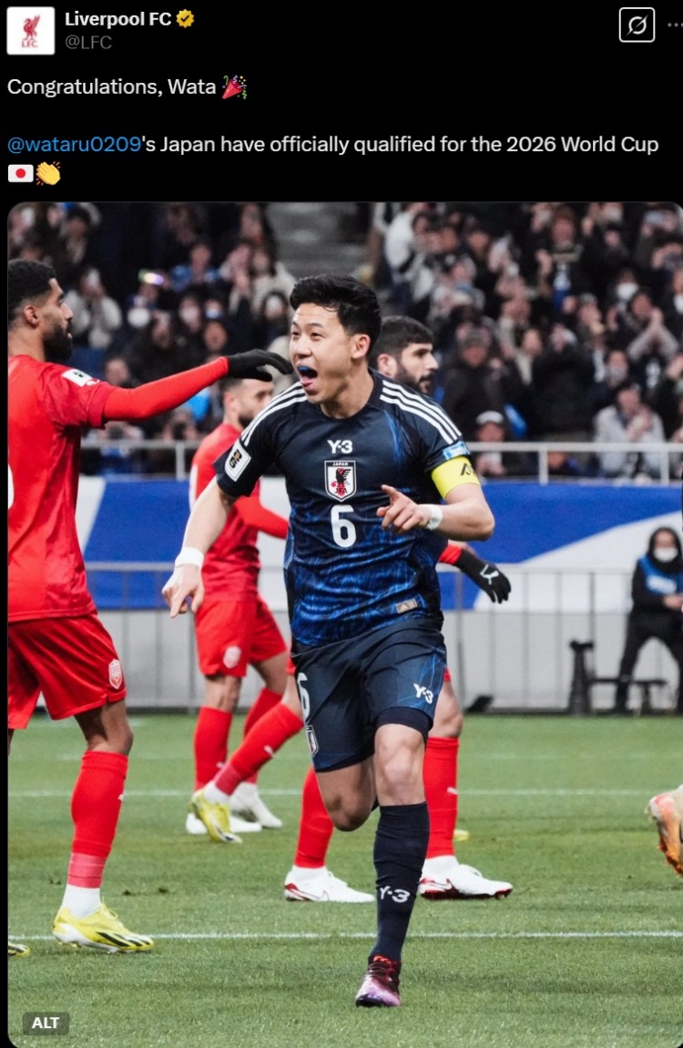 利物浦官推曬遠(yuǎn)藤航照片，祝賀其隨日本隊(duì)提前晉級(jí)世界杯